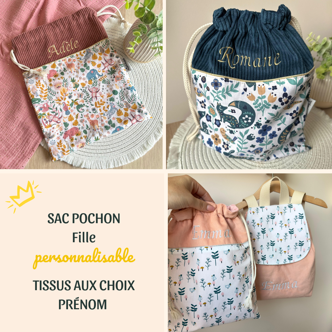 sac pochon fille à personnaliser avec prénom et motif au choix, idéal pour tenue de rechange à l'école maternelle, en promenade ou à la crèche